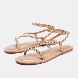 Zara Metallic Studded Strap Flat Sandals Beige Size 40
